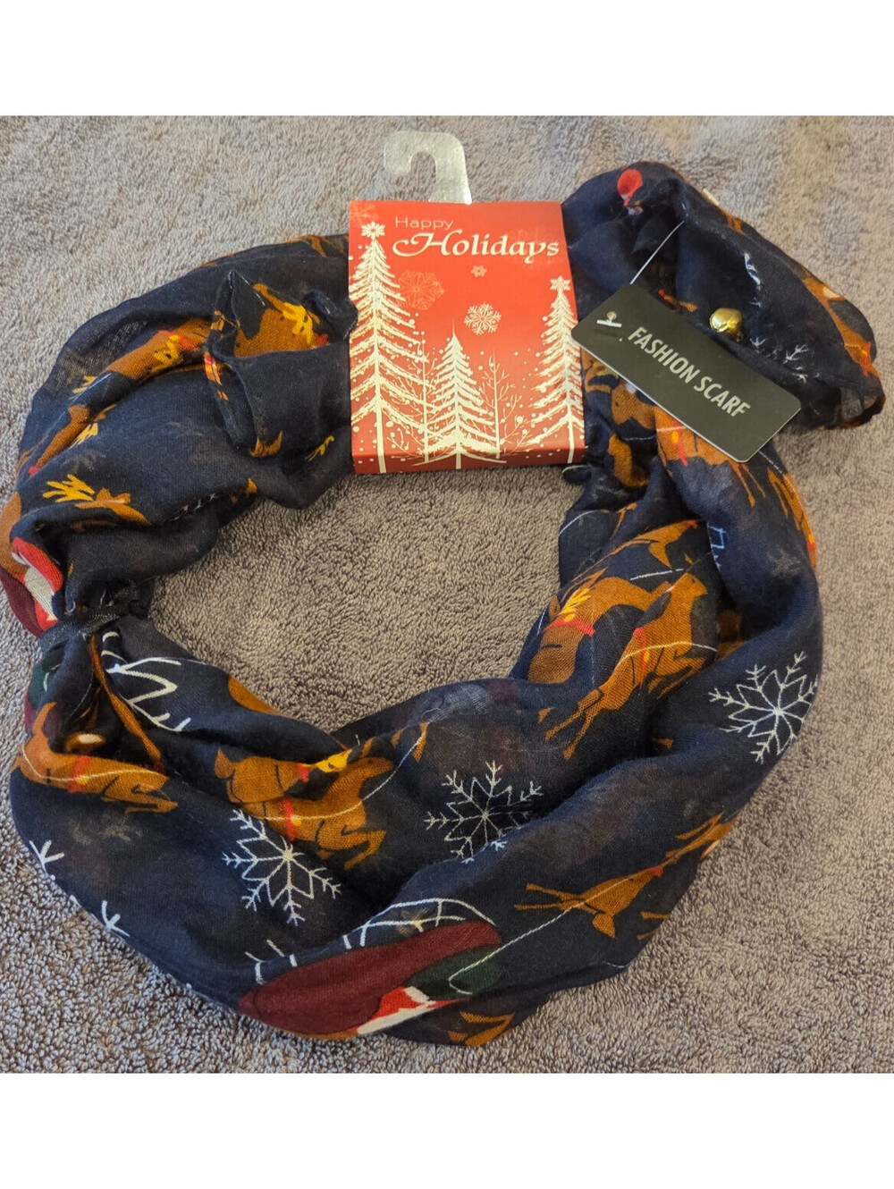 New NWT "Happy Holidays" Reindeer Snowflake Scarf Navy Blue Xmas
